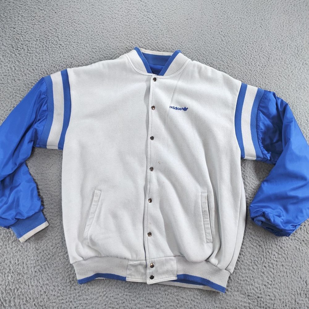 Vintage Adidas Reversible Jacket Mens Large Blue Gray Trefoil Spellout Snap Up - Picture 2 of 16